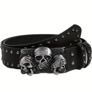Black Studded Belt w/ Triple Skull Buckle – Gothic Punk Rocker Style, T3MISB8C